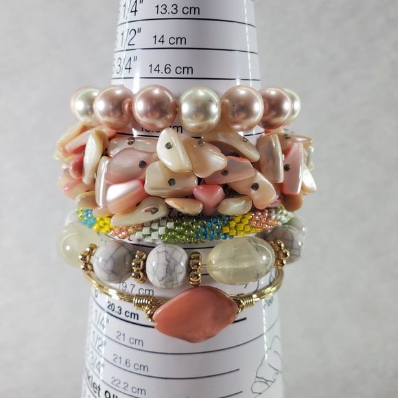 Bundle of Bracelets Beaded Shell Faux Pearl Coral Pink Orange Stretch Japan - Picture 2 of 11